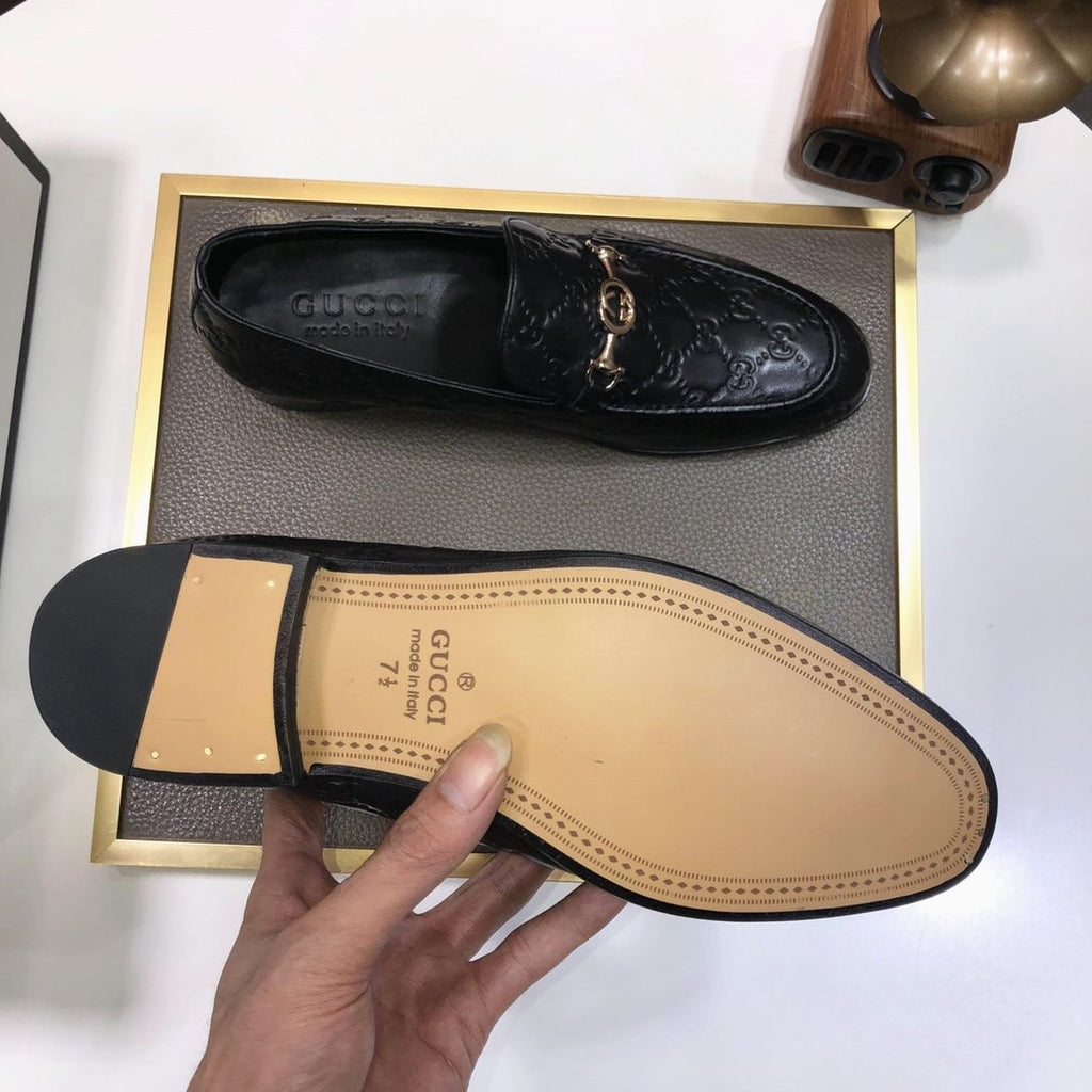 GUCCI Black Embossed Horsebit Loafers — detail