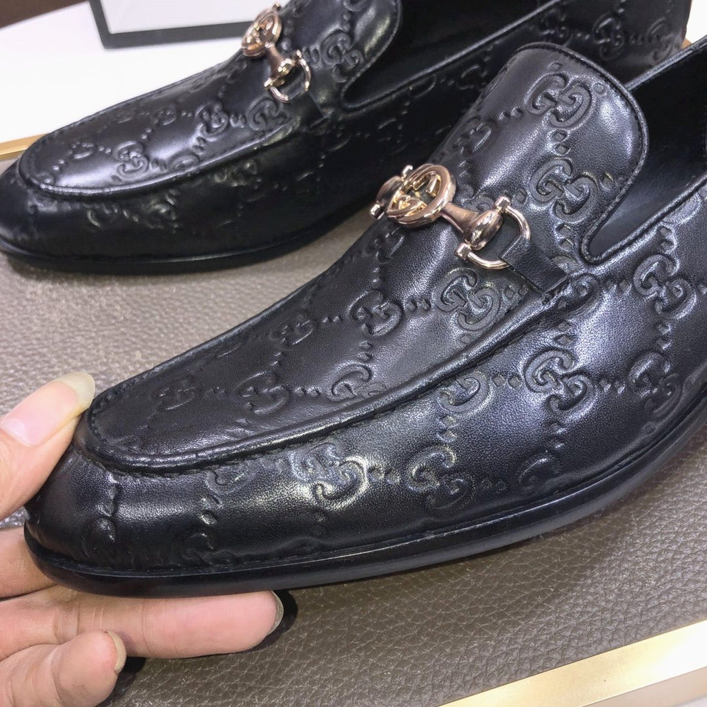GUCCI Black Embossed Horsebit Loafers — detail