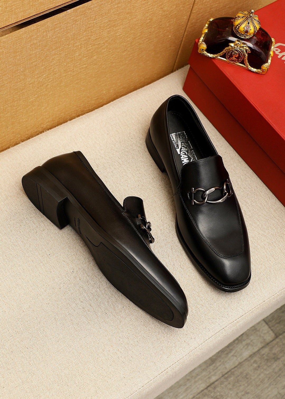 Ferragamo Black Leather Bit Loafers — front