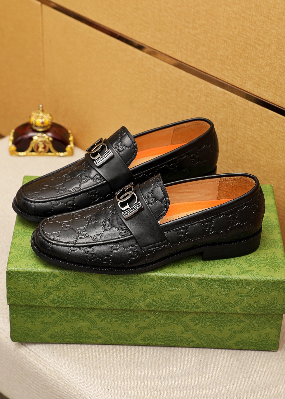 GUCCI Black Embossed Leather Loafers — front