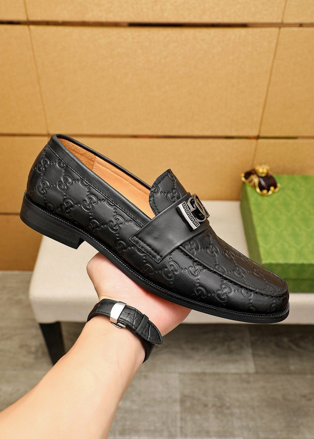 GUCCI Black Embossed Leather Loafers — side