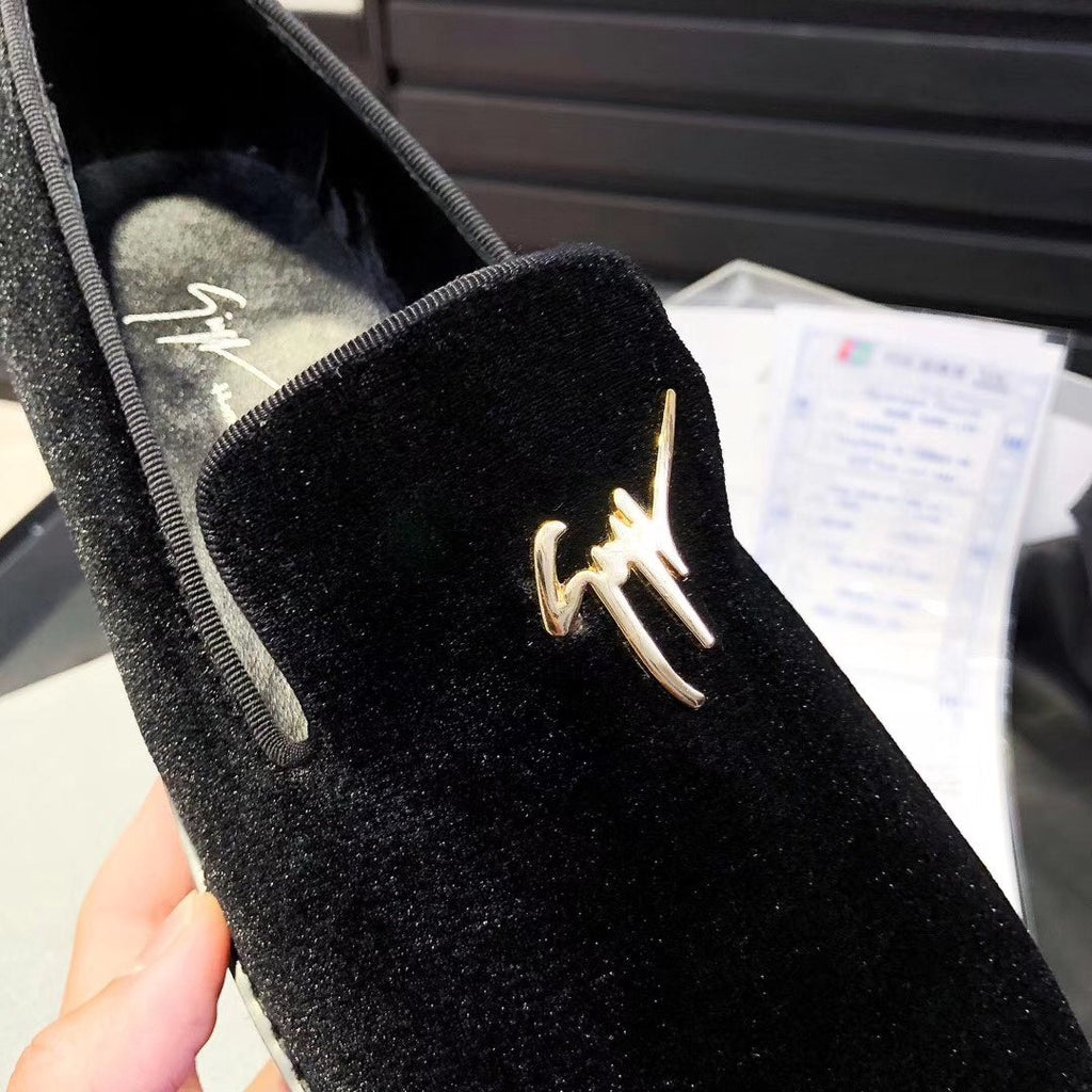 Giuseppe Zanotti Black Velvet Gold-Trim Slip-On Shoes — detail