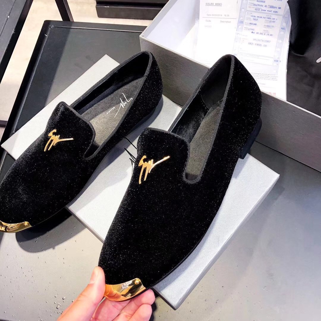Giuseppe Zanotti Black Velvet Gold-Trim Slip-On Shoes — front