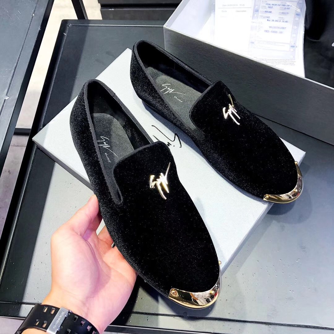 Giuseppe Zanotti Black Velvet Gold-Trim Slip-On Shoes — front