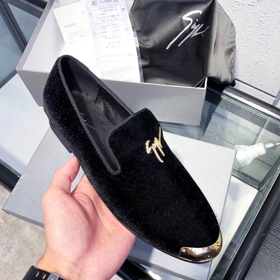 Giuseppe Zanotti Black Velvet Gold-Trim Slip-On Shoes — front