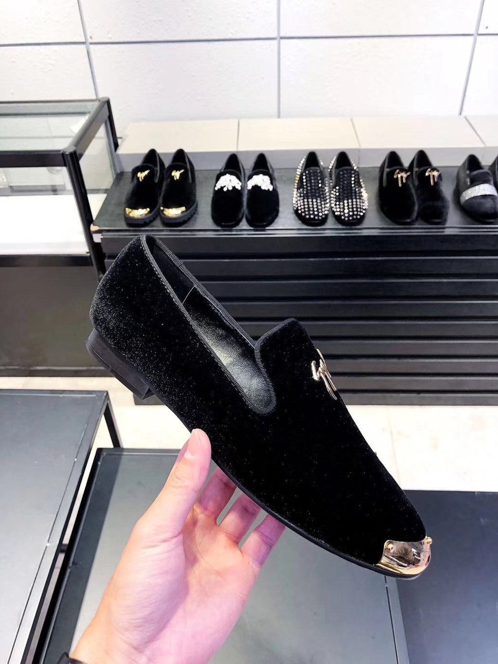 Giuseppe Zanotti Black Velvet Gold-Trim Slip-On Shoes — side