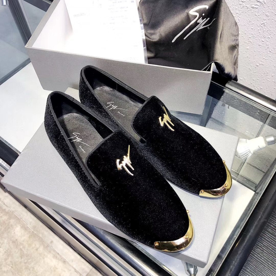 Giuseppe Zanotti Black Velvet Gold-Trim Slip-On Shoes — hero