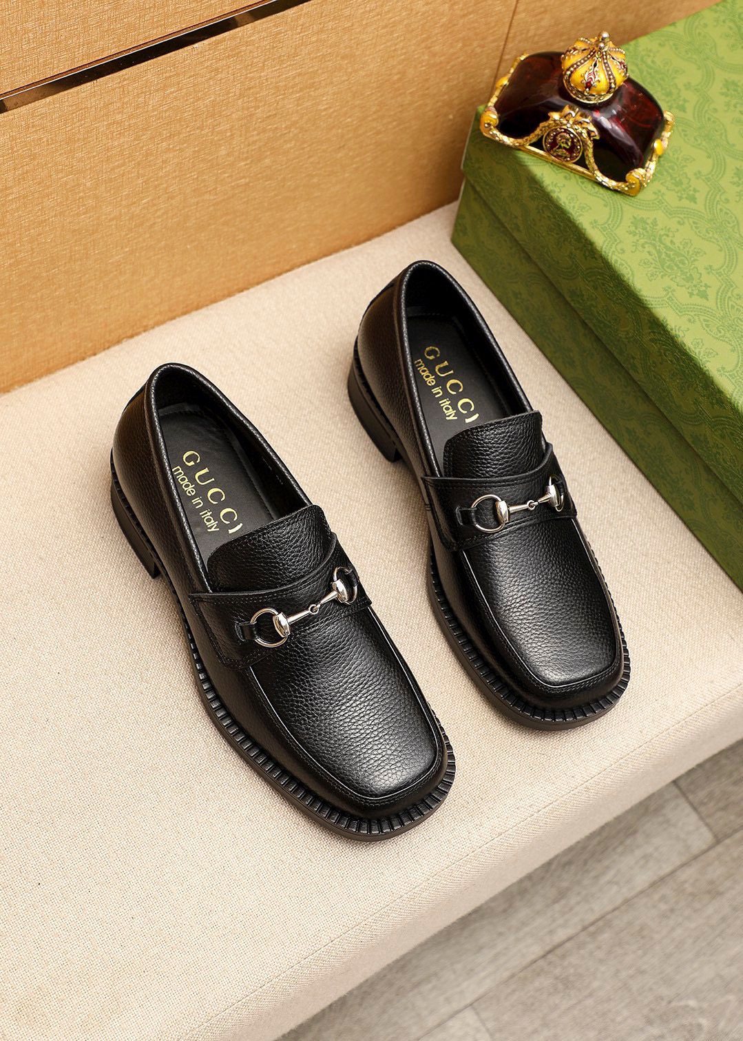 Gucci Black Textured Leather Loafers — front