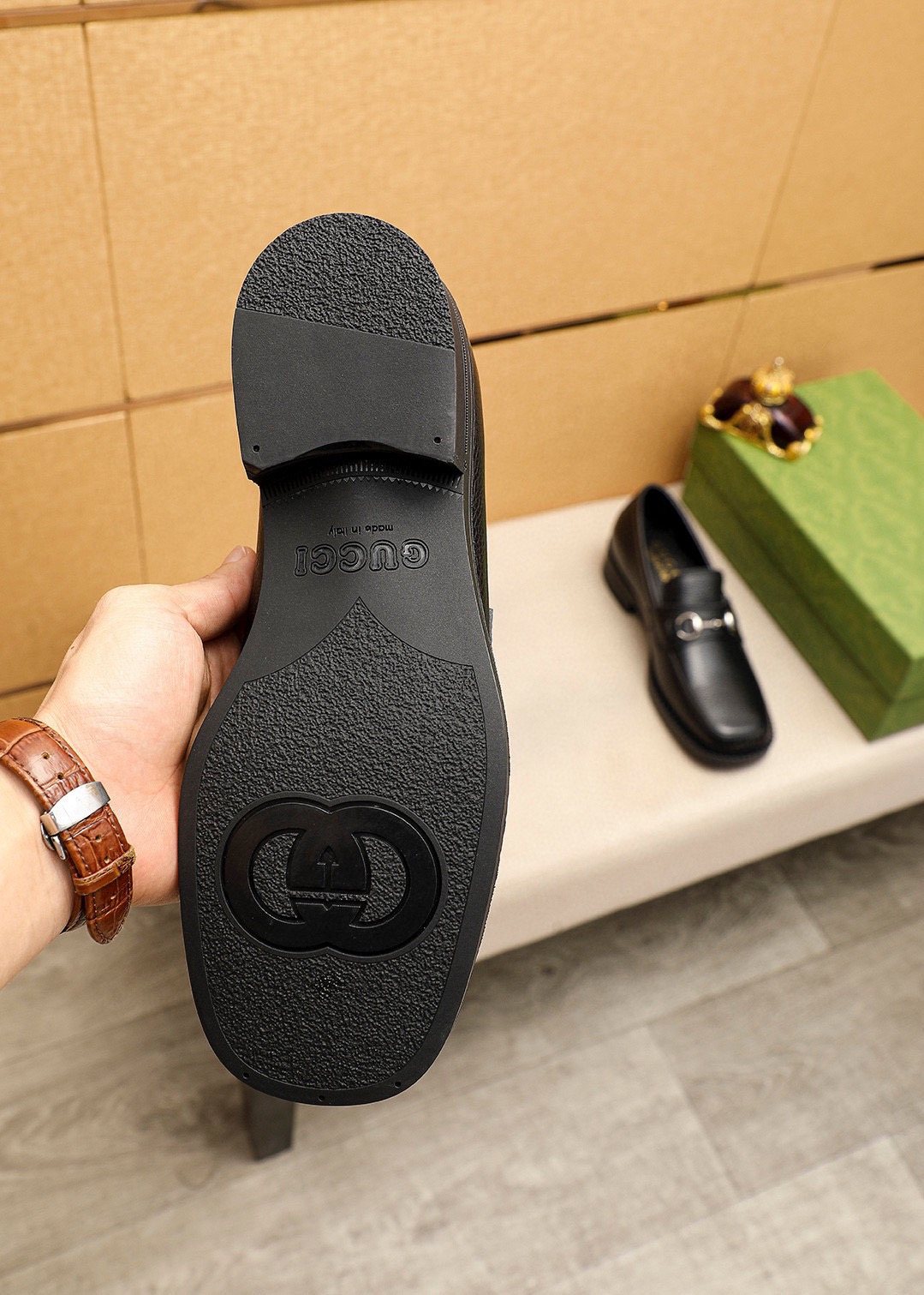 Gucci Black Textured Leather Loafers — detail