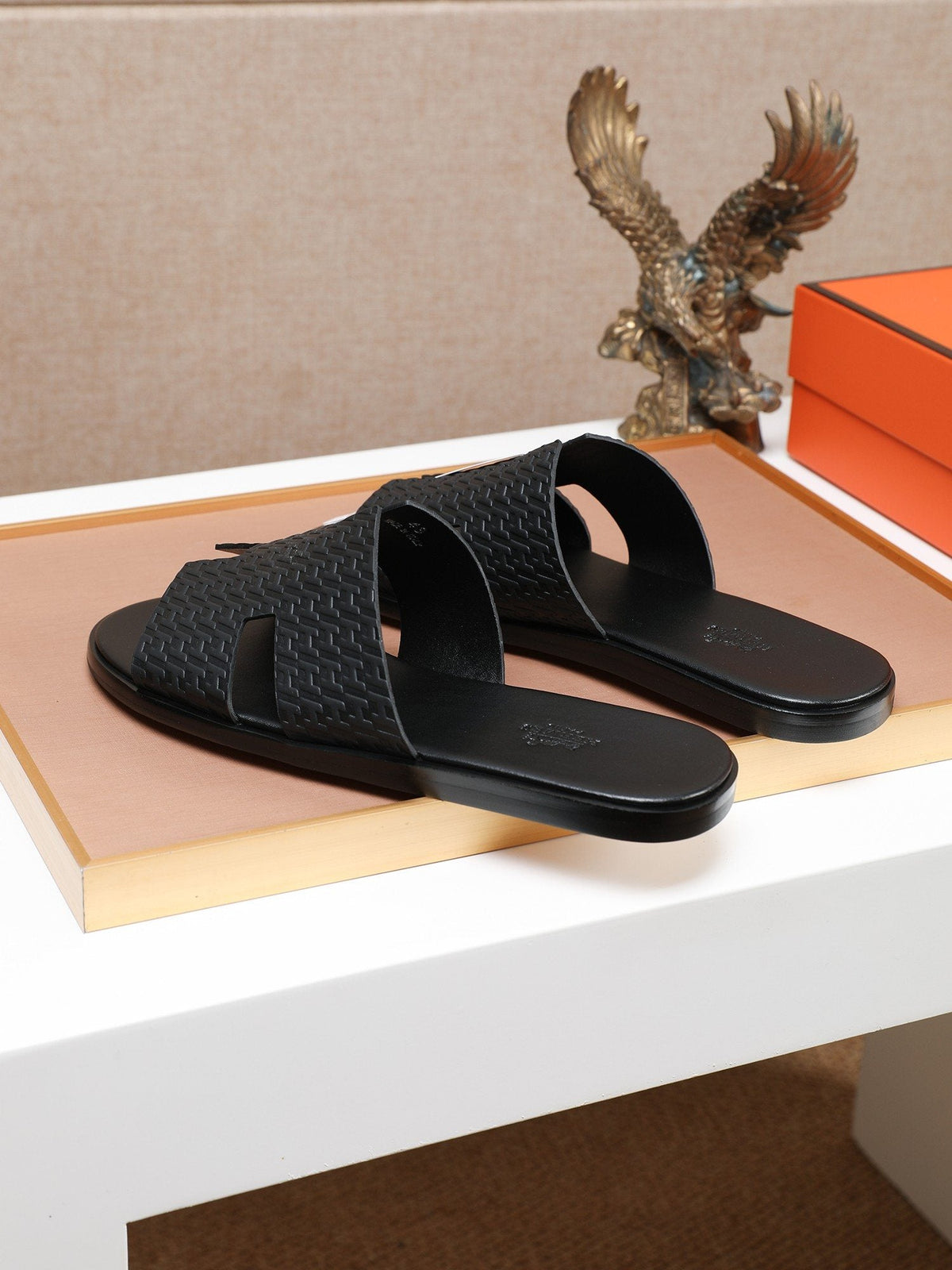 Hermes Black Textured H Slide Sandals — hero