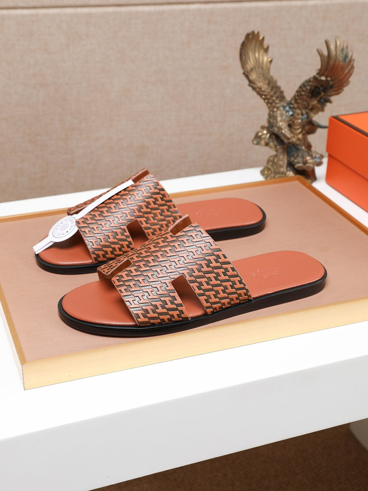 Hermes Brown Patterned H Slide Sandals — front