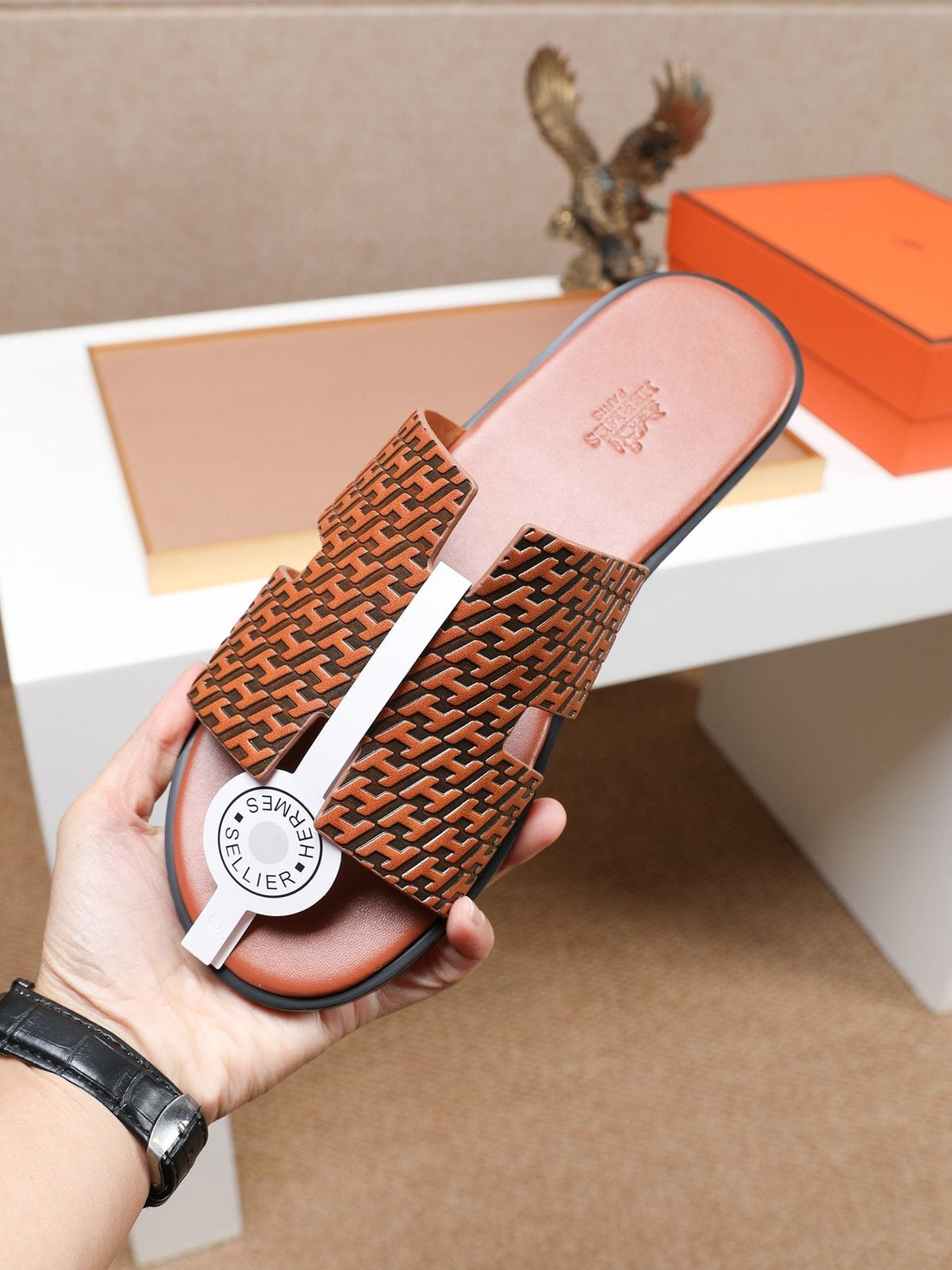 Hermes Brown Patterned H Slide Sandals — model