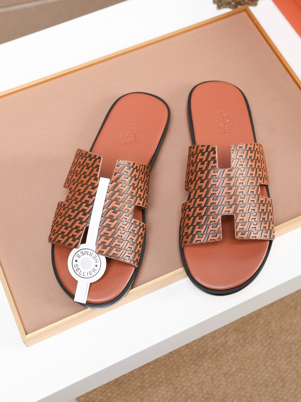 Hermes Brown Patterned H Slide Sandals — front