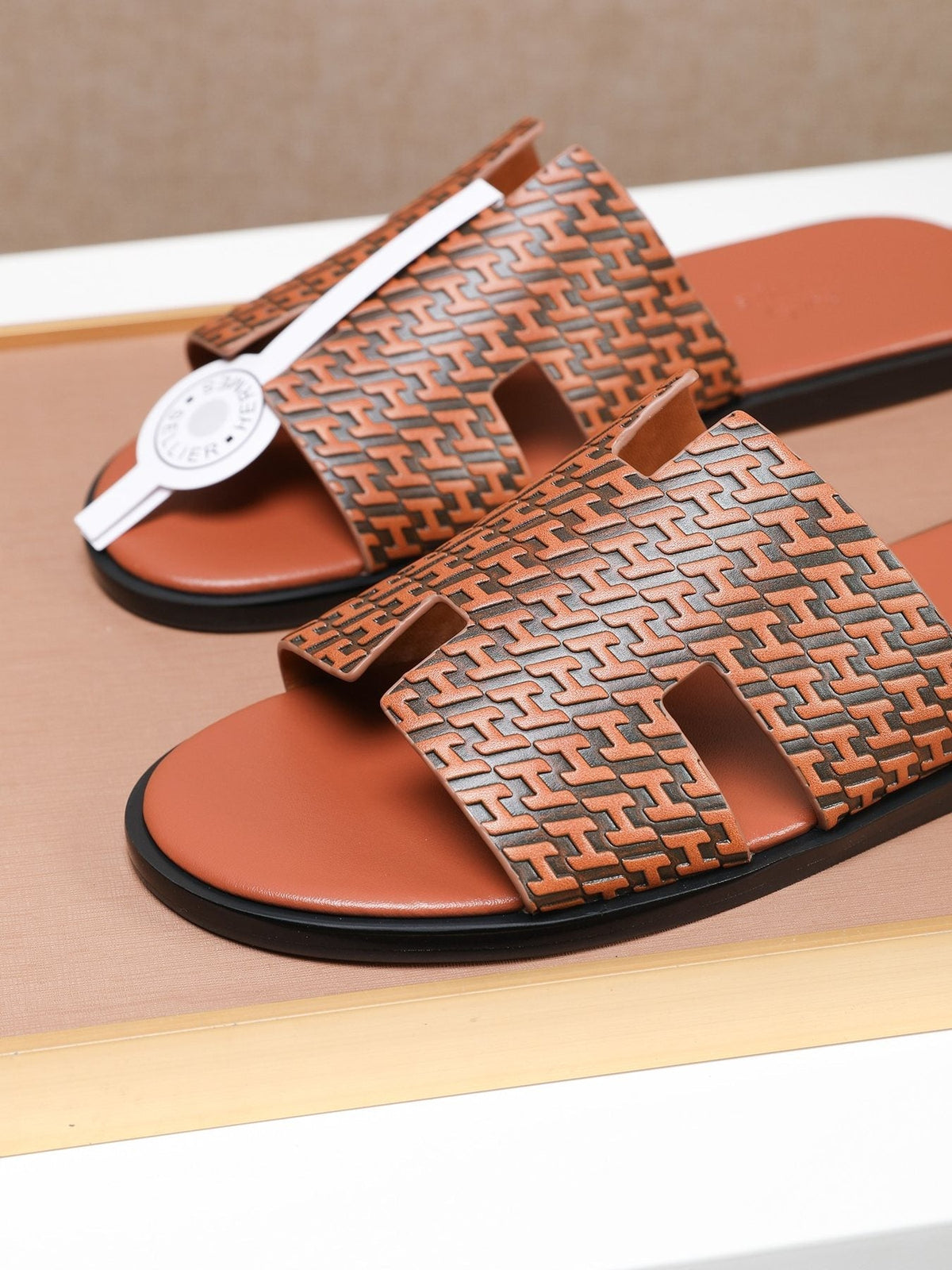 Hermes Brown Patterned H Slide Sandals — detail