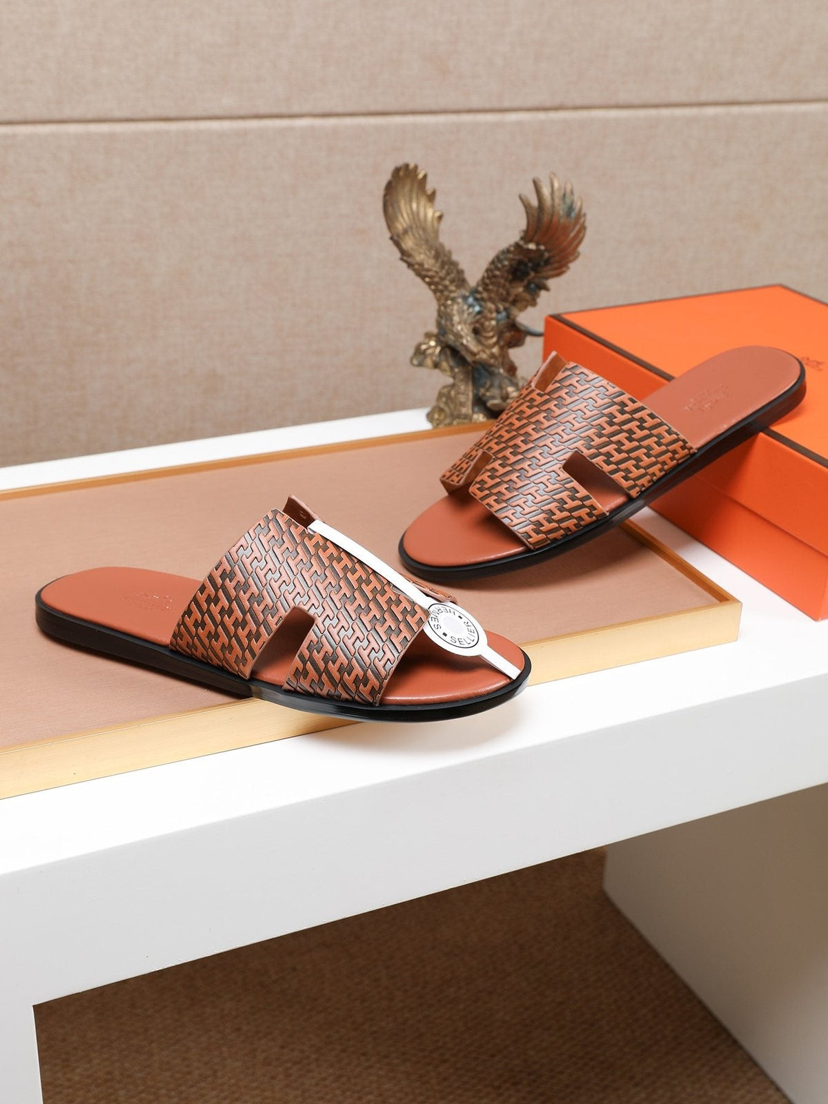 Hermes Brown Patterned H Slide Sandals — front