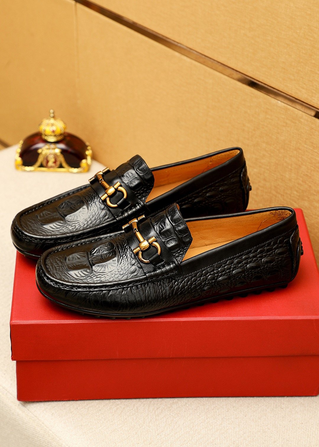Ferragamo Black Embossed Leather Loafers — front