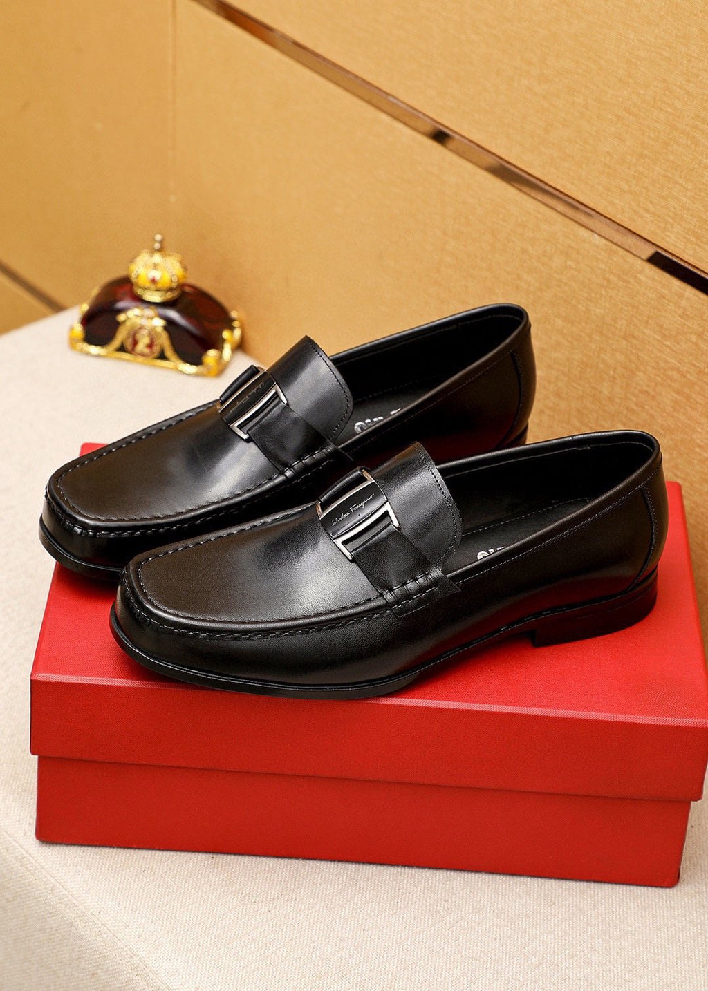 Ferragamo Black Buckle Loafers — front