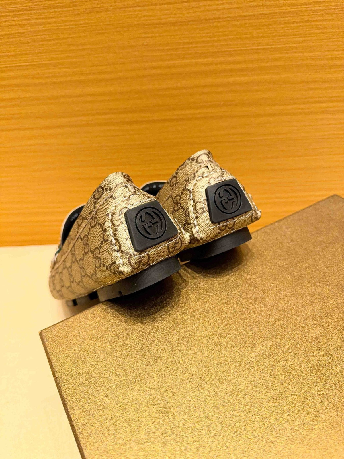 Gucci Beige Tan Monogram Horsebit Loafers — back