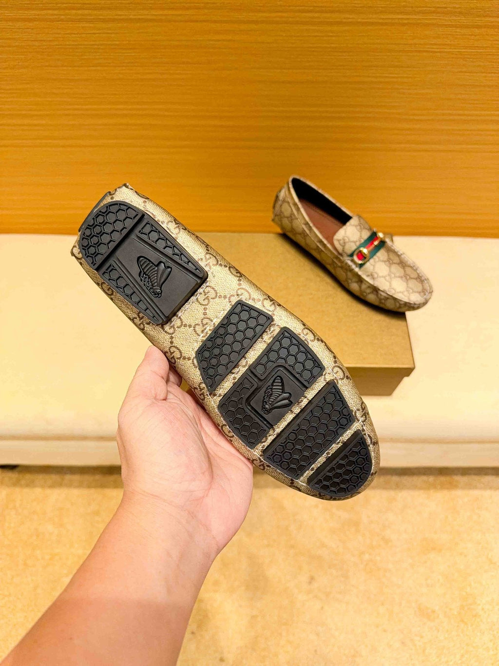 Gucci Beige Tan Monogram Horsebit Loafers — detail