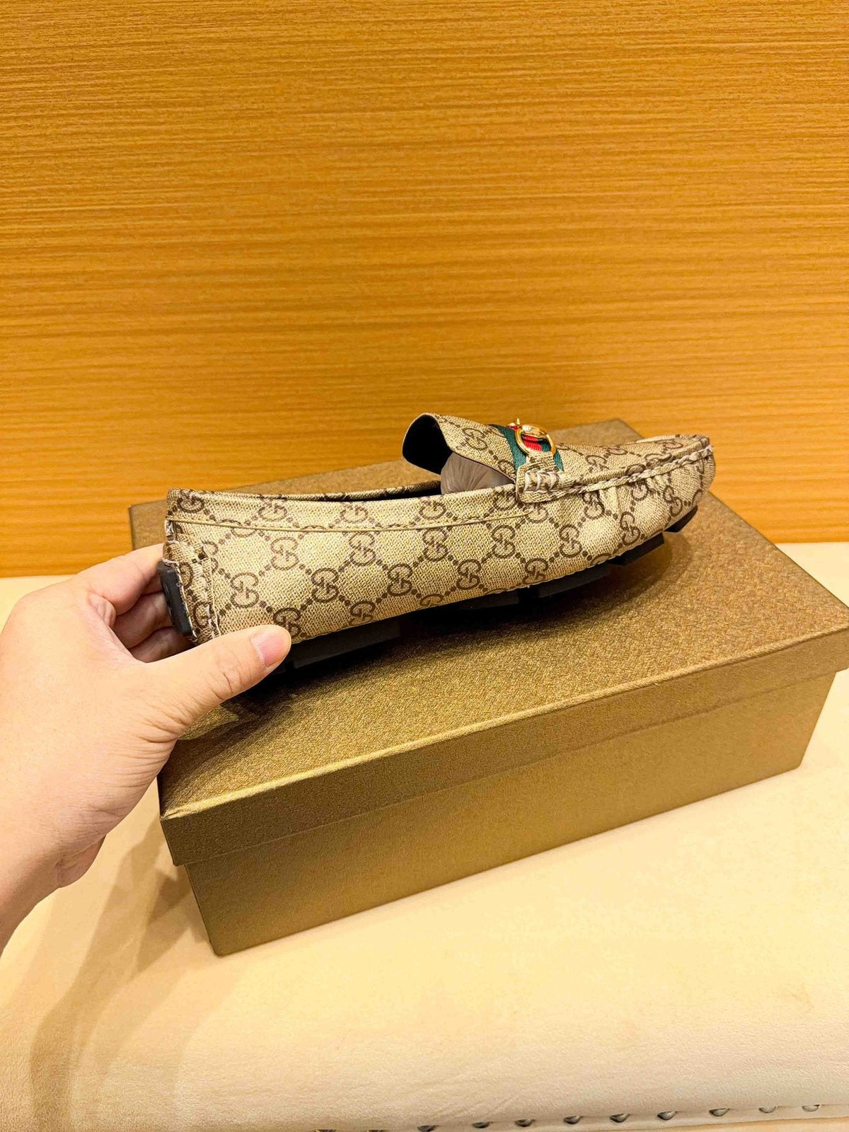 Gucci Beige Tan Monogram Horsebit Loafers — side