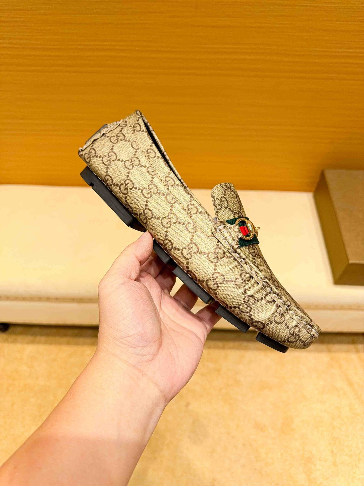 Gucci Beige Tan Monogram Horsebit Loafers — side