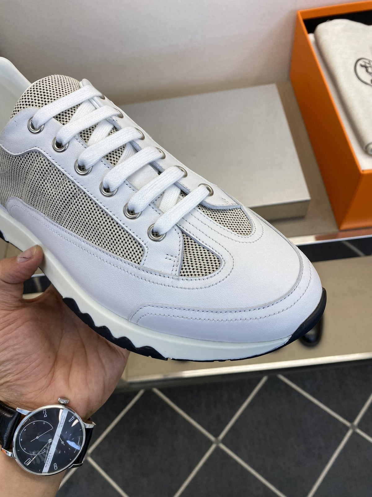 Hermès White & Gray Low-Top Sneakers — front