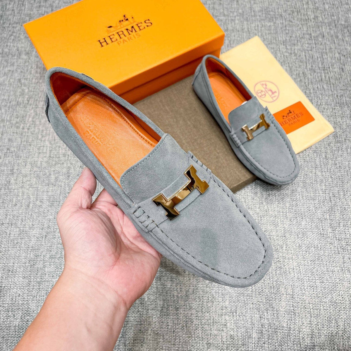 Hermès Light Gray Suede Driving Loafers — model