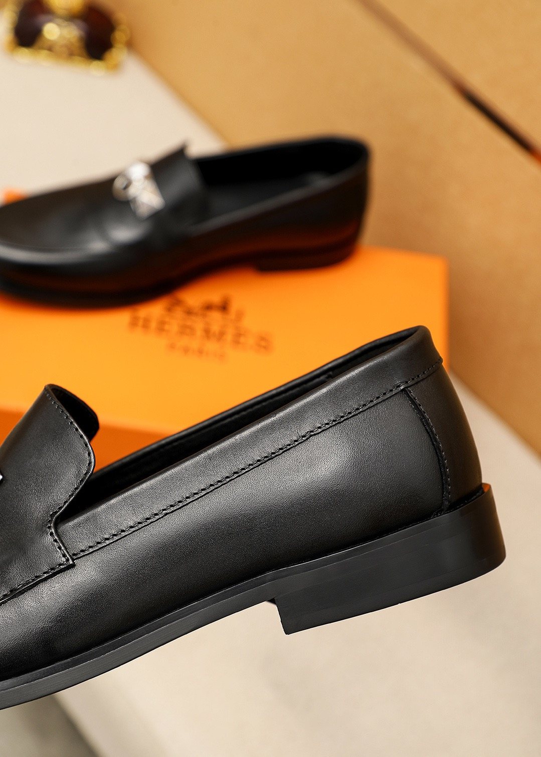 Hermès Black Hardware Slip-On Shoes — detail