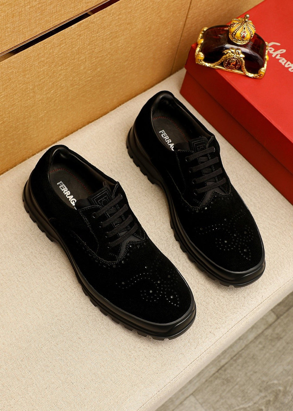 Ferragamo Black Perforated Lace-Up Shoes — front