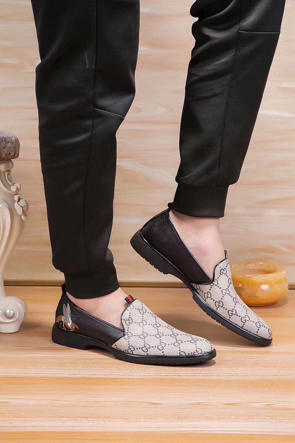Gucci Beige Monogram Slip-On Shoes — model