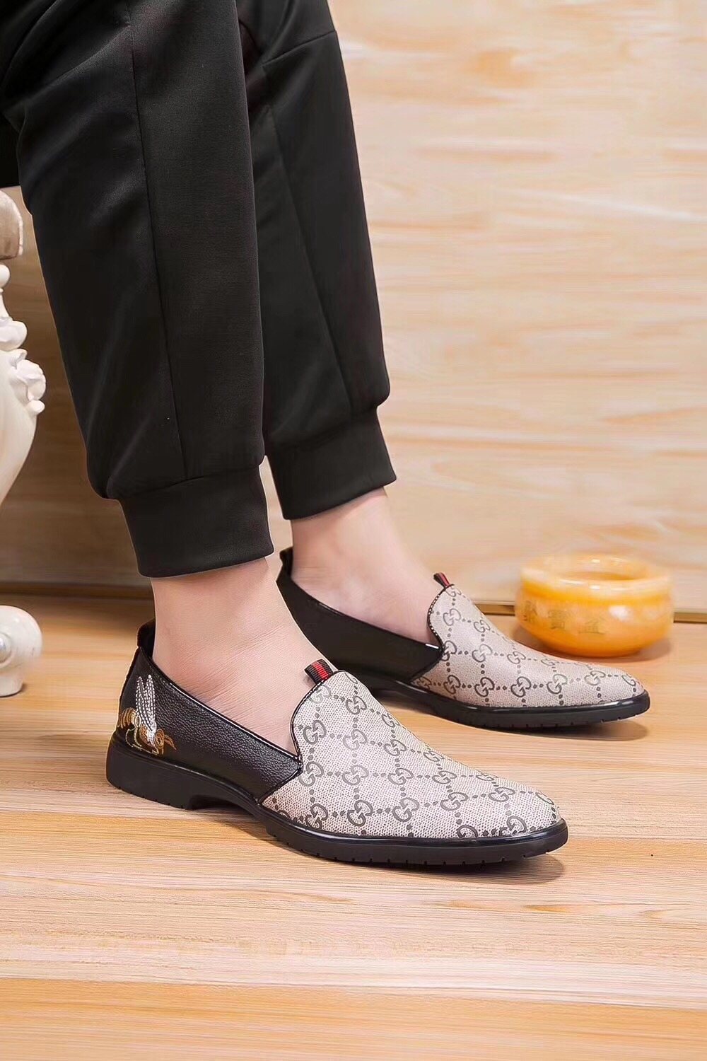 Gucci Beige Monogram Slip-On Shoes — model