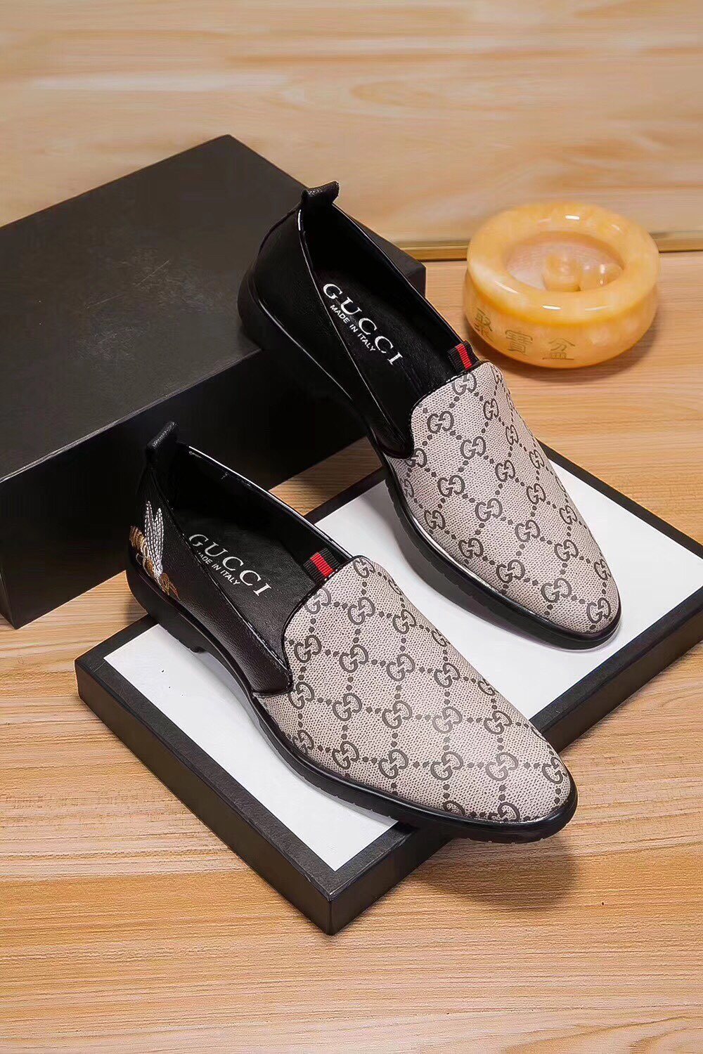 Gucci Beige Monogram Slip-On Shoes — front