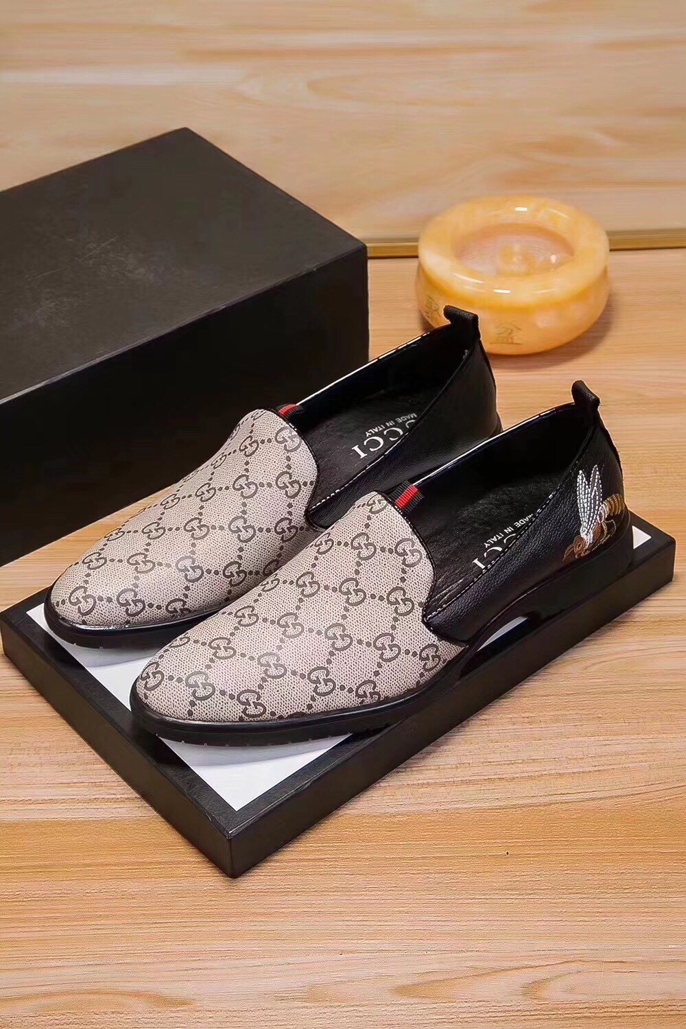 Gucci Beige Monogram Slip-On Shoes — hero