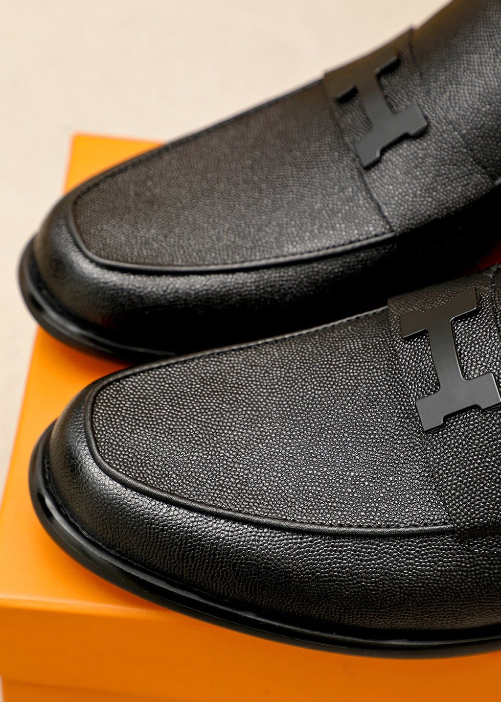 Hermès Black Textured Leather Loafers — detail