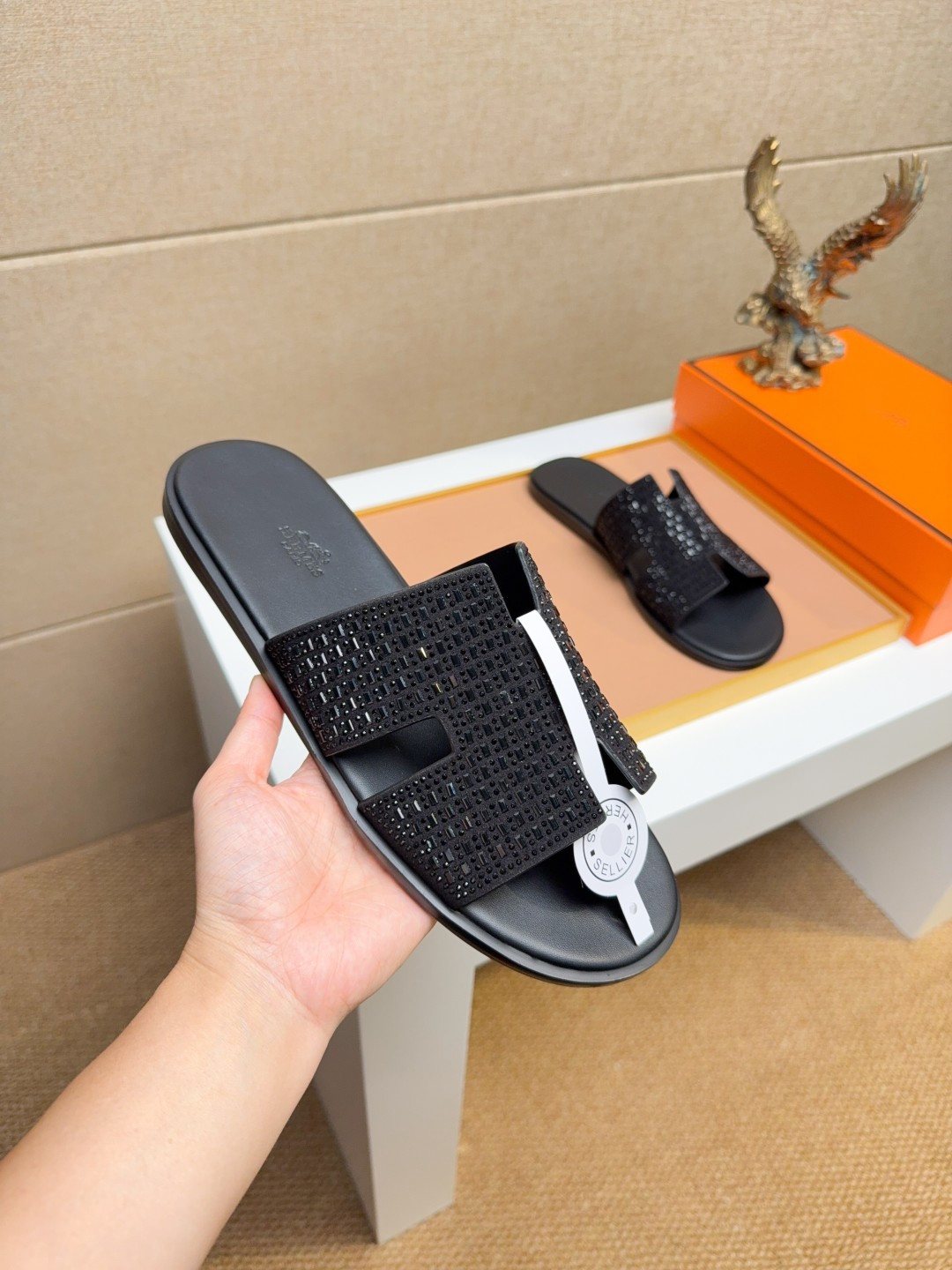 Hermès Black Textured H Slide Sandals — model