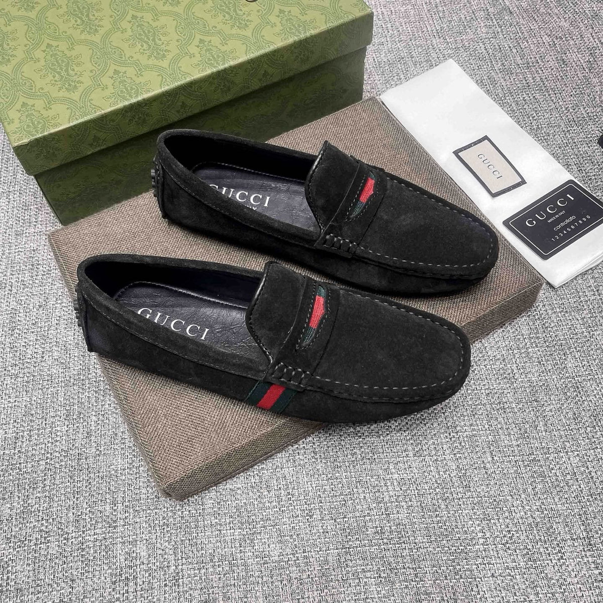 Gucci Black Stripe Slip-On Loafers — hero