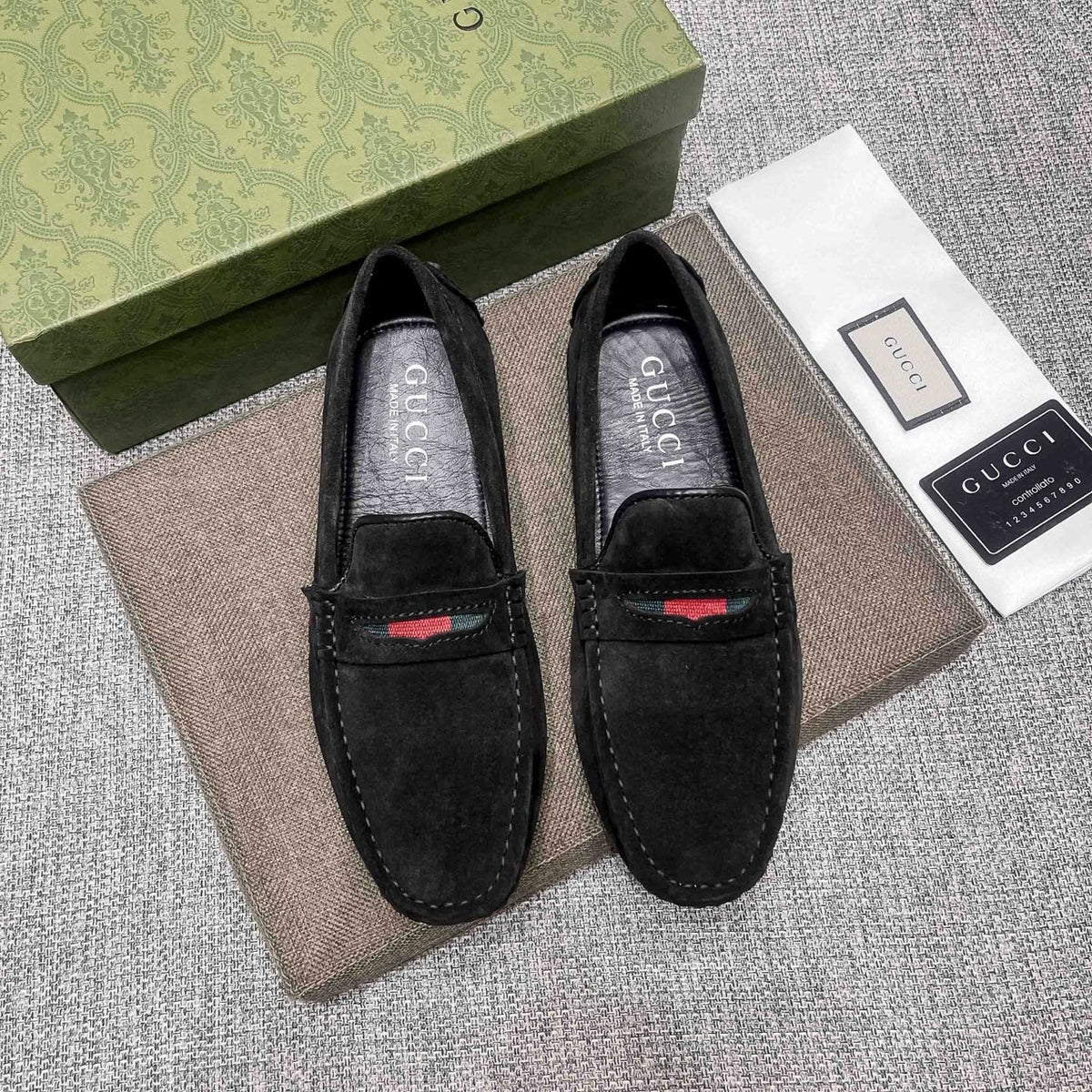 Gucci Black Stripe Slip-On Loafers — front