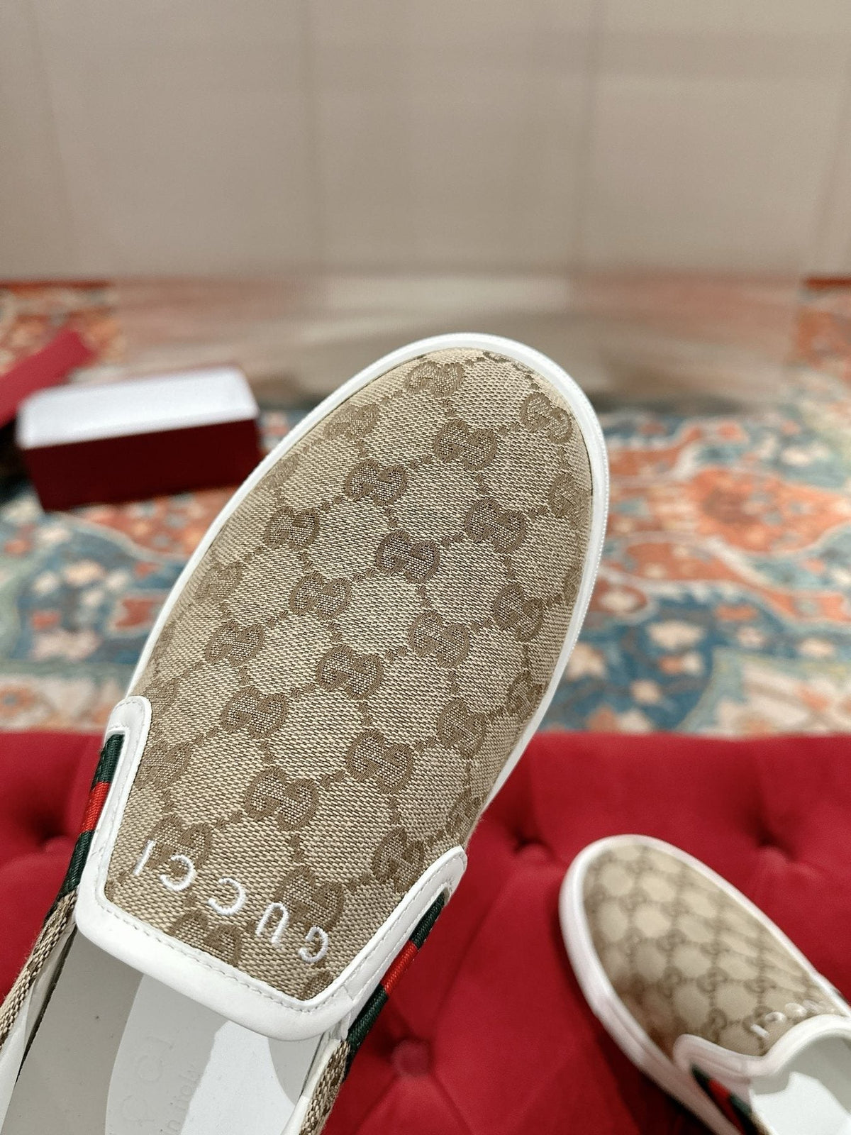 Gucci Monogram Stripe Slip-On Sneakers — detail