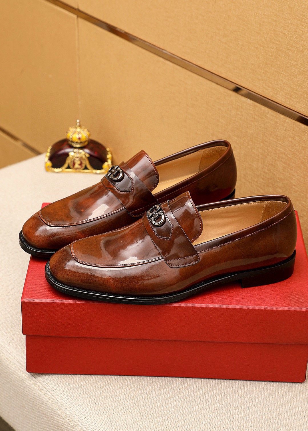 Ferragamo Brown Leather Metal-Detail Loafers — model