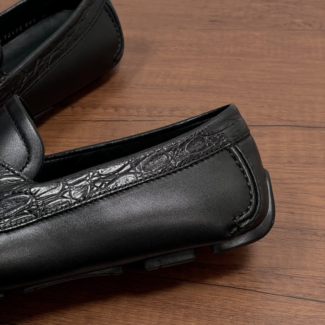 FERRAGAMO Black Horsebit Driving Loafers — detail