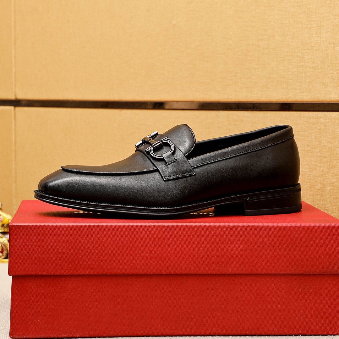 Ferragamo Black Leather Bit Loafers — side