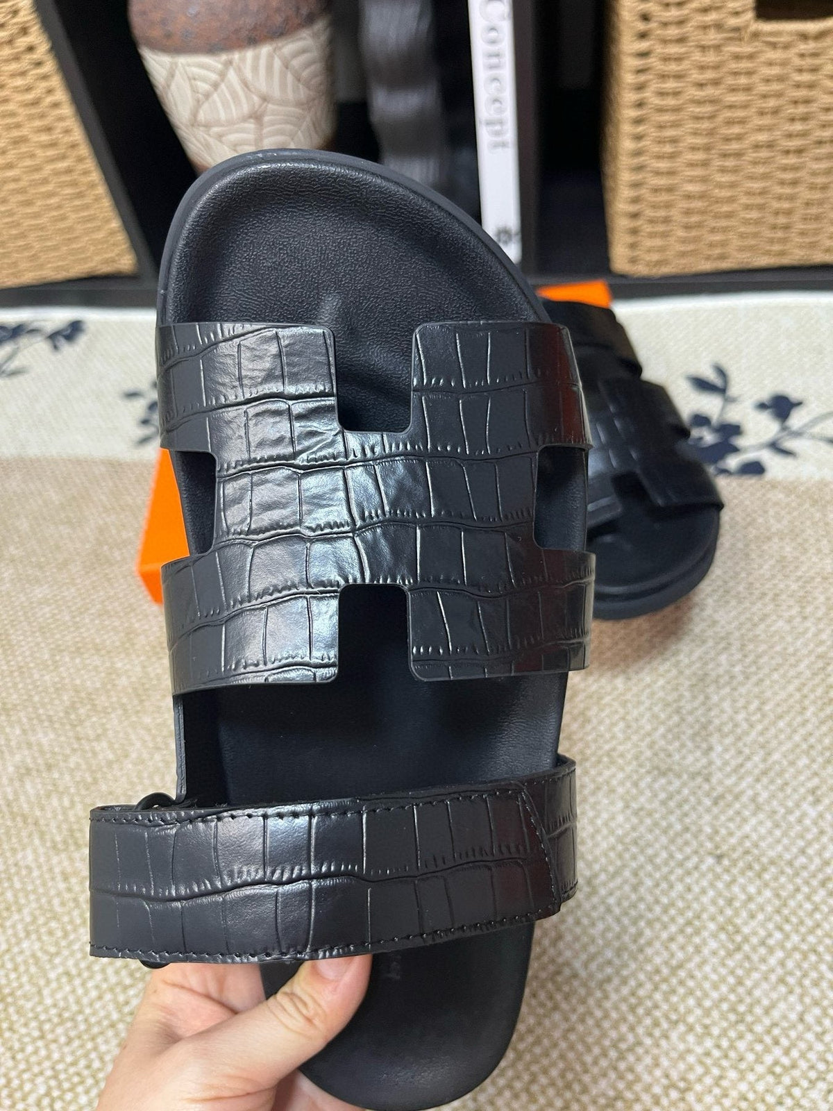 Hermes Kazimir Black Slide Sandals — front