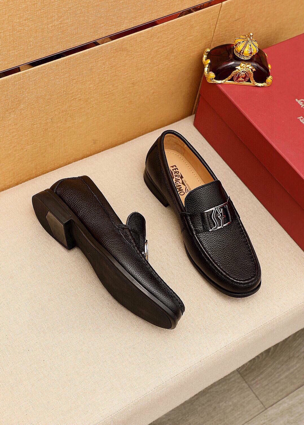 Ferragamo Black Pebbled Leather Loafers — front