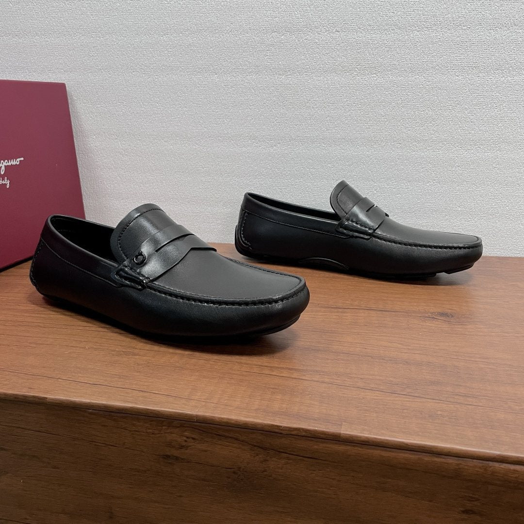 Ferragamo Black Leather Driving Shoes — side