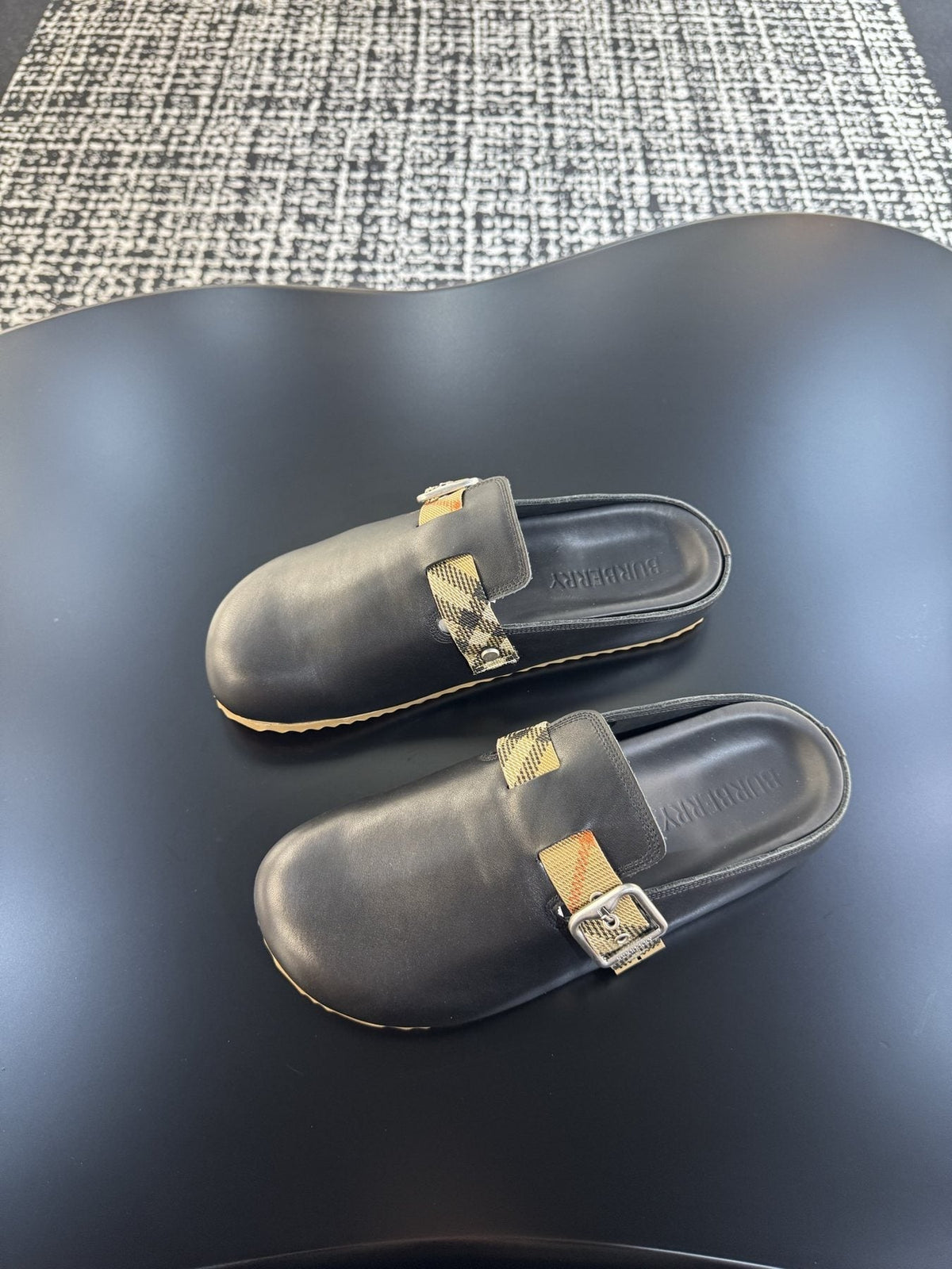 Burberry Black Plaid Buckle Mule Sandals — front