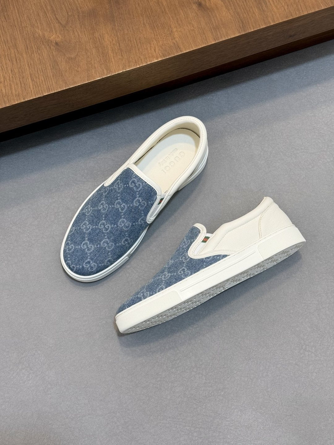 Gucci Blue Patterned Slip-On Sneakers — front