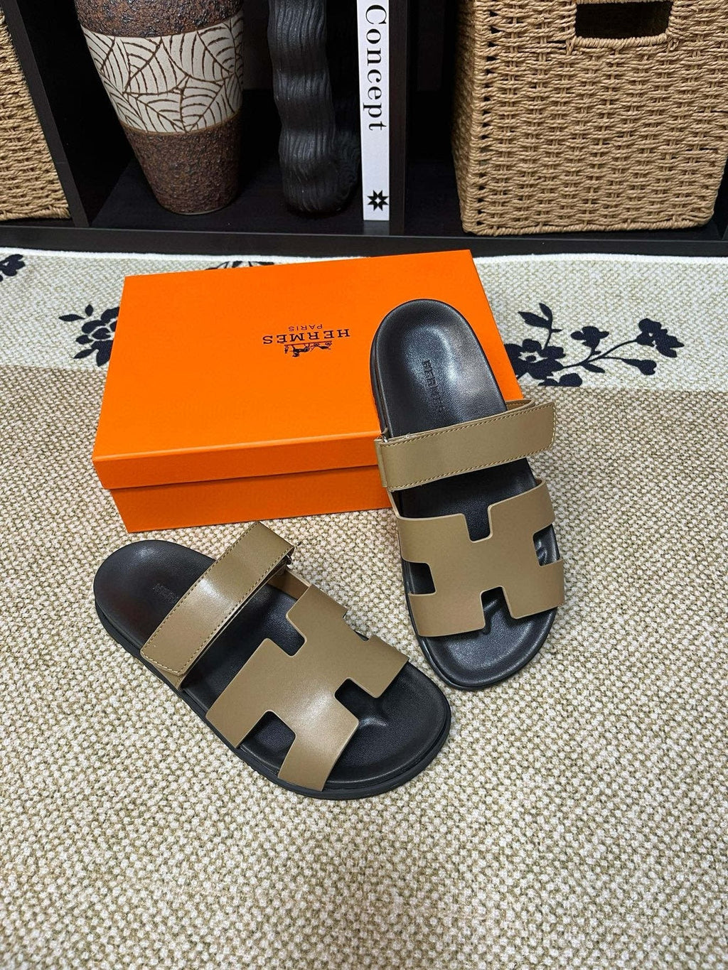 Hermes Kazimir Tan and Black Slide Sandals — front