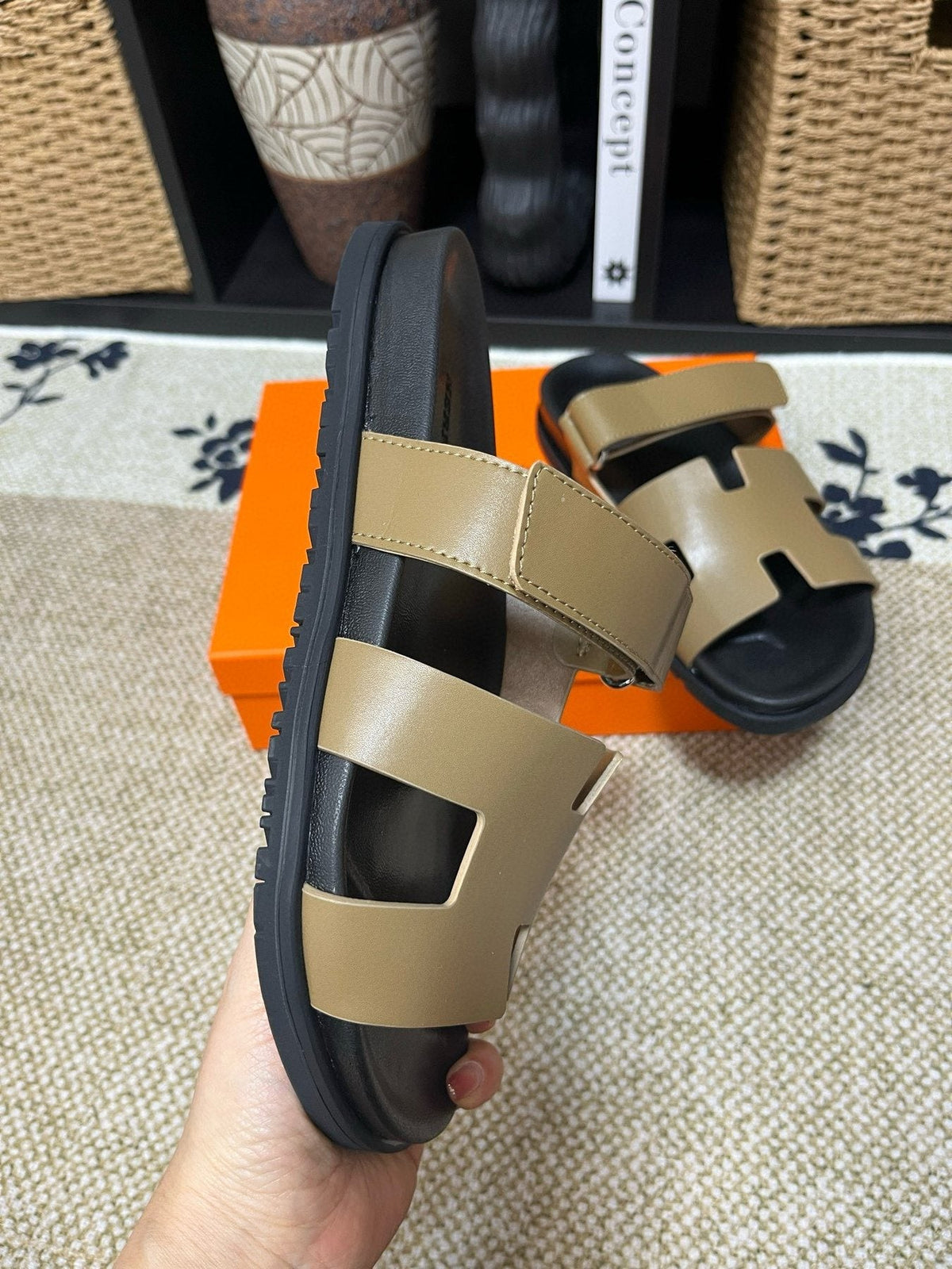 Hermes Kazimir Tan and Black Slide Sandals — front