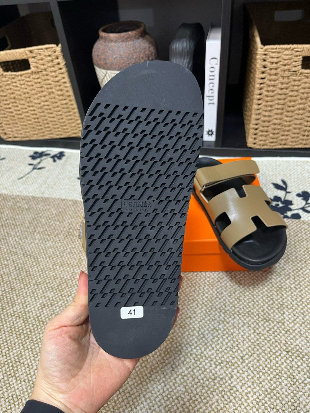 Hermes Kazimir Tan and Black Slide Sandals — back
