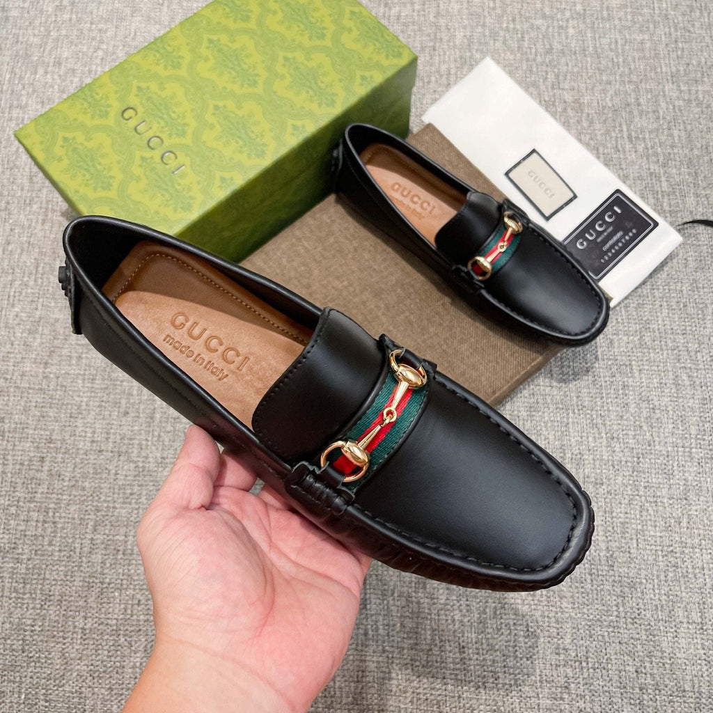 Gucci Black Web Stripe Loafers — model